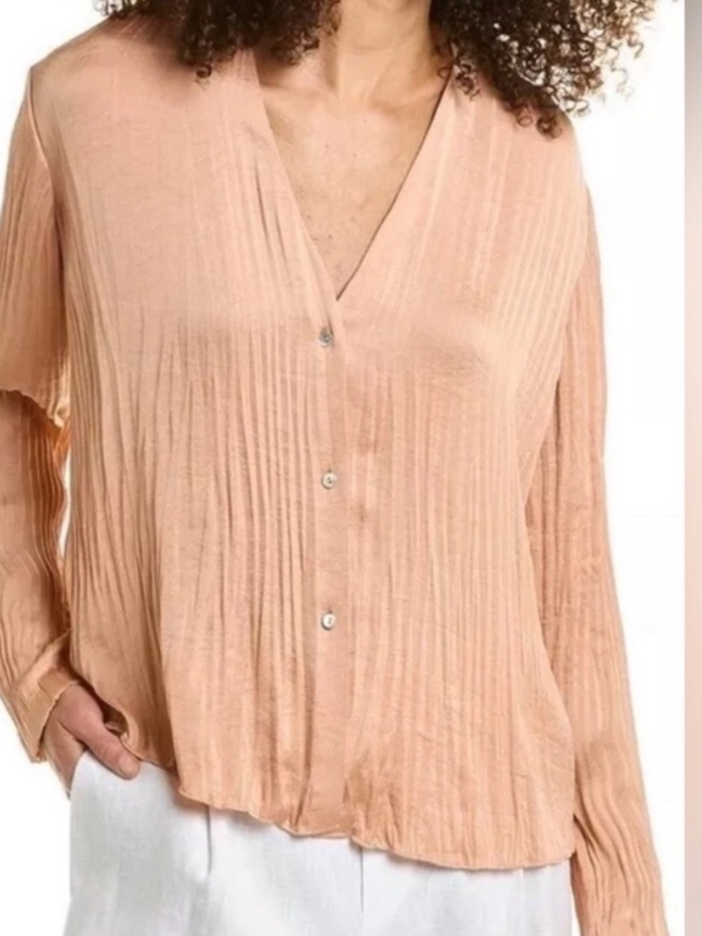 Vince Crushed Pleated Crinkle Satin V-Neck Button Up Blouse Womens XS